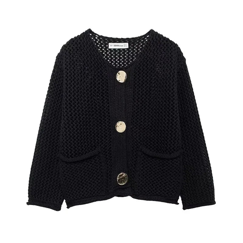 Mesh-knit cardigan with front pockets for women