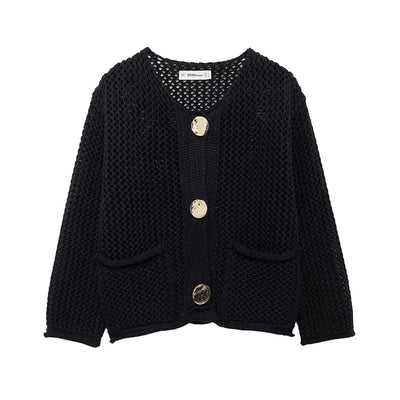 Mesh-knit cardigan with front pockets for women
