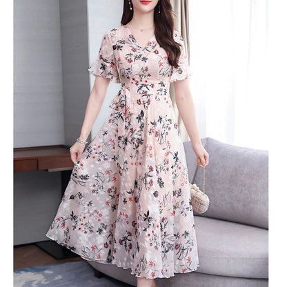Women's Maxi Dress - Floral Print - V-Neck - Puff Sleeves - Fitted Waist Flowy Silhouette