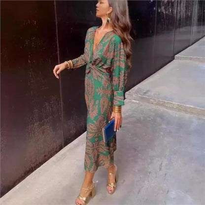 Women's Midi Wrap Dress - V-Neck - Long Sleeve - Elegant Pattern - Adjustable Fit