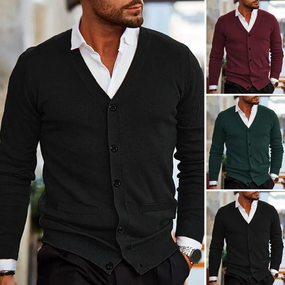 Men’s Knitted Cardigan - V-Neck Button-Up - Tailored Fit with Ribbed Cuffs & Hem