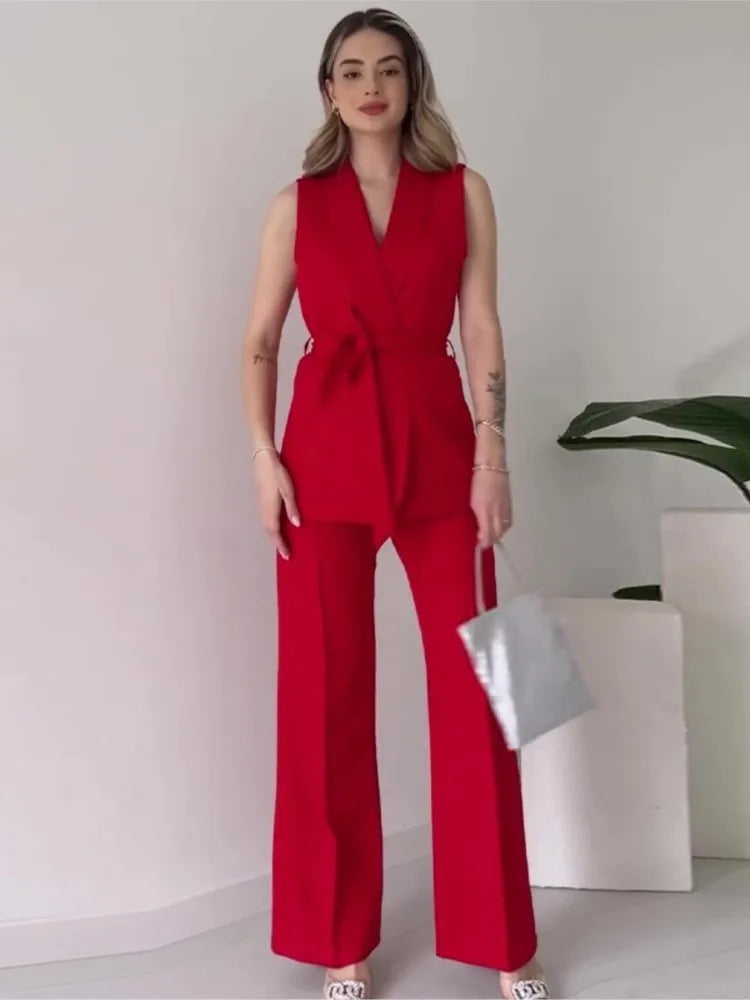 Women's Sleeveless Blazer Suit - Tailored Fit - V-Neck - High-Waisted Trousers - Belted Waist