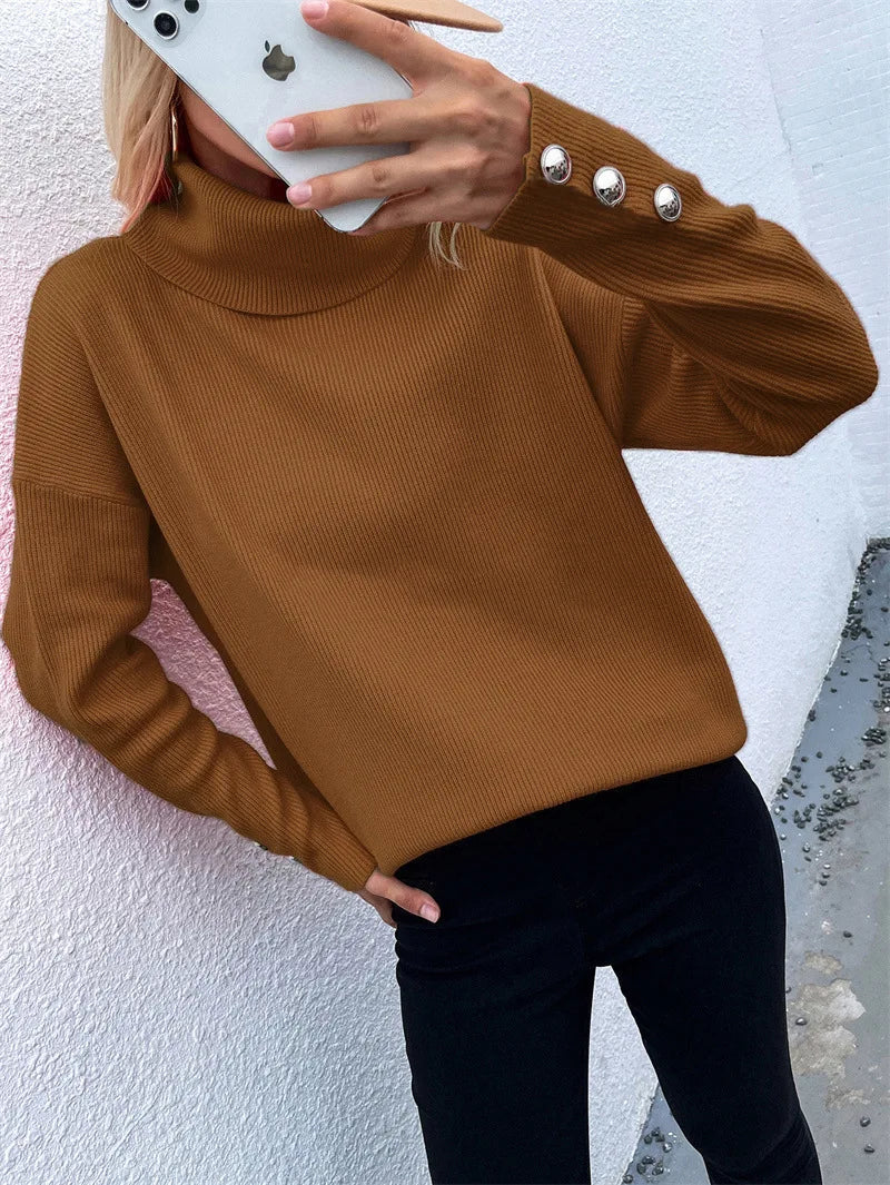 Women's casual knitted sweater with high neck