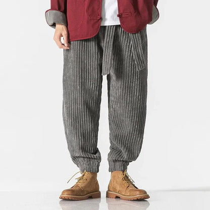 Men's casual loose ribbed harem corduroy pants with belt