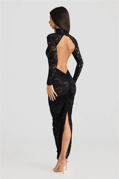 Women’s Slip Dress – Lace Bodycon Fit – Long Sleeve – High Neck – Thigh Slit – Rosette Detail