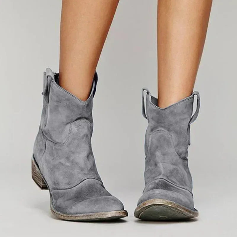 Women's Ankle Boots - Sleek Suede Finish - Comfortable Low Heel - Slip-On Design