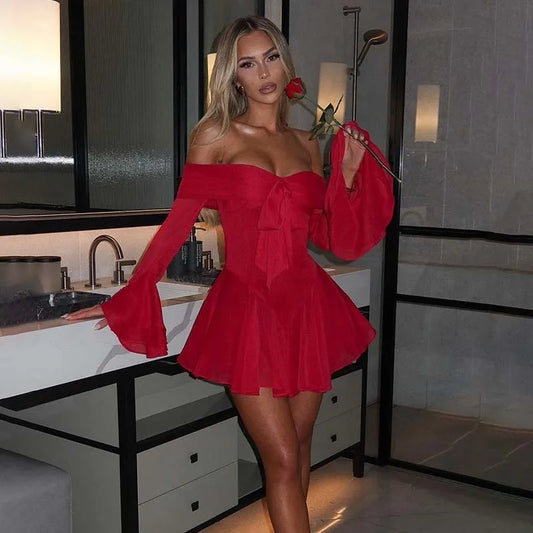 Women's Off-Shoulder Mini Dress - Fit and Flare - Long Bell Sleeves - Bow Detail