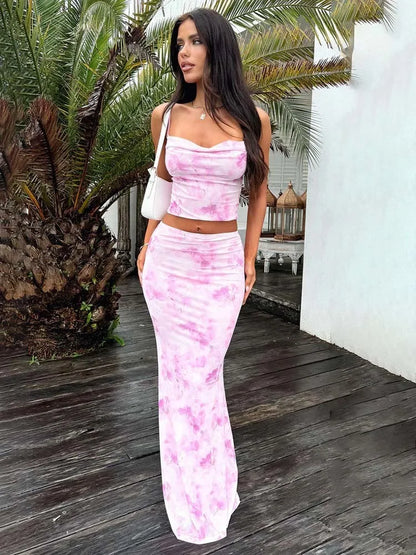 Women's Two-Piece Summer Set - Strapless Fitted Crop Top & High-Waisted Maxi Skirt