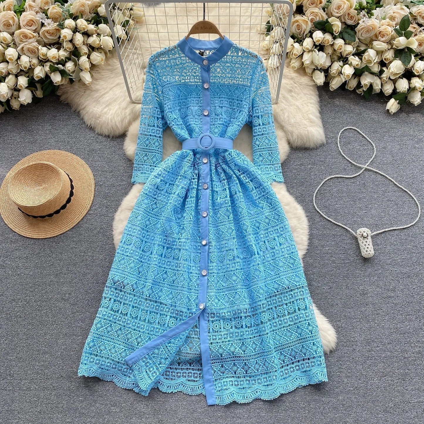 Women's Lace Shirt Dress - Button Up - Three-Quarter Sleeve - Belted Waist - Scalloped Hem
