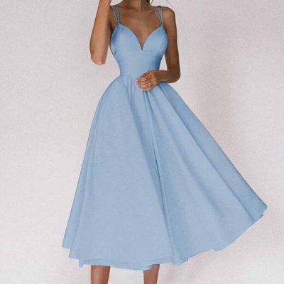 Women's Midi Dress - Fitted Bodice - Deep V-Neck - Adjustable Straps - Flared Skirt