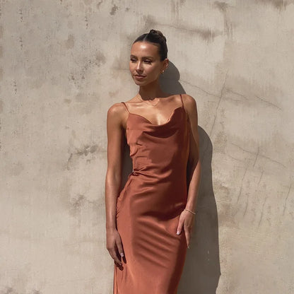 Women’s Maxi Dress – Satin Slim Fit – Cowl Neck – Sleeveless Formal Evening Wear