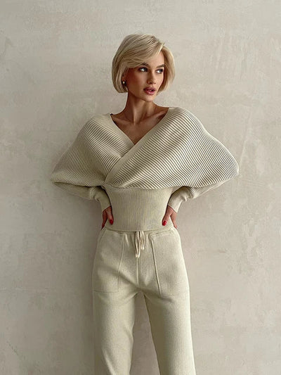 Women's Off-Shoulder Knitted Sweater - Ribbed Texture - Long Sleeve - Fitted Waist