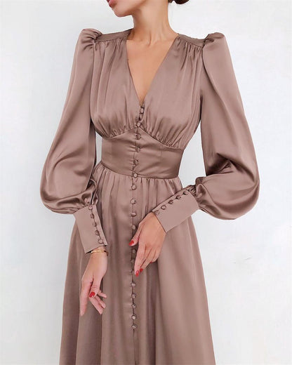 Women's Midi Dress - Satin Finish - V-Neck - Puff Sleeve - Button Front Elegant Fit