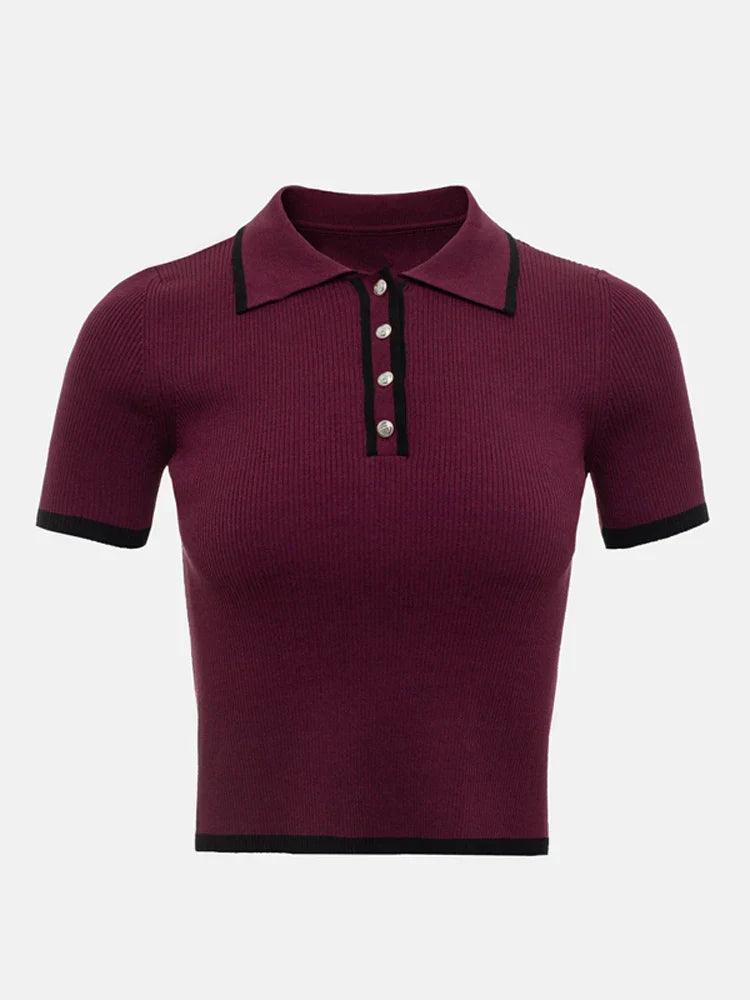 Women's Knitted Polo Shirt - Ribbed Stretch Fabric - Short Sleeve - Button Placket