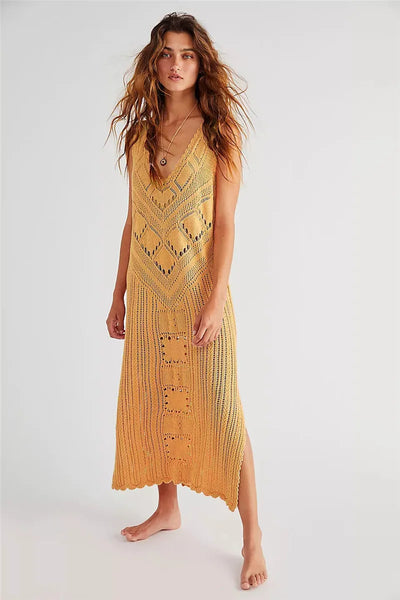 Women’s Midi Dress – Relaxed Fit – Mesh Knit – V-Neck – Geometric Pattern – Side Slit