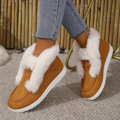 Women’s Slip-On Booties – Plush Trim – Suede-Look Upper – Ankle Length Cozy Fit