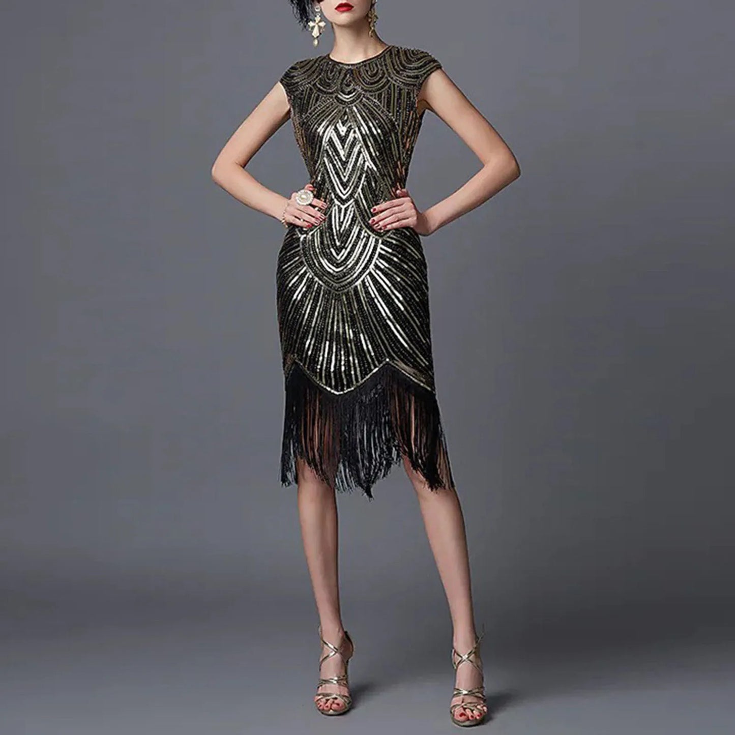 Women's Flapper Dress - 1920s Vintage Style - Beaded Fringe - Sleeveless Elegant Party Wear