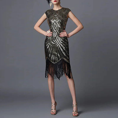 Women's Flapper Dress - 1920s Vintage Style - Beaded Fringe - Sleeveless Elegant Party Wear