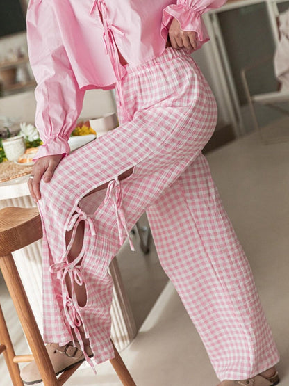 Women’s Wide Leg Trousers – 100% Cotton – Relaxed Fit – Checkered – Elastic Waist – Side Ties