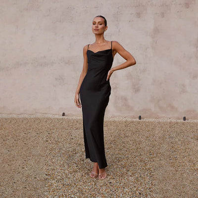 Women’s Maxi Dress – Satin Slim Fit – Cowl Neck – Sleeveless Formal Evening Wear
