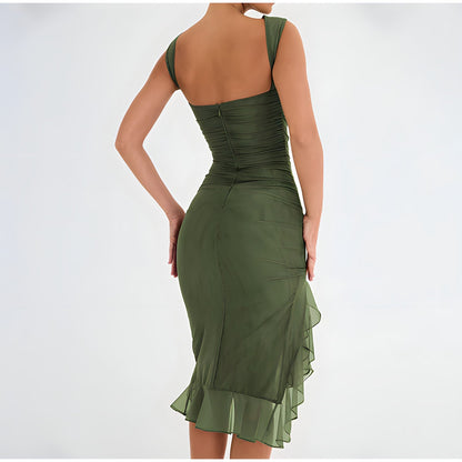 Women's Sleeveless Cocktail Dress - Ruched Bodycon Fit - Asymmetrical Ruffle Hem