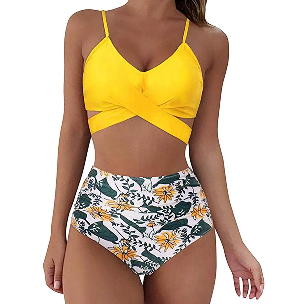 Women’s Bikini Set – Slim Fit Cross Front Top – High Waisted Ruched Floral Bottoms