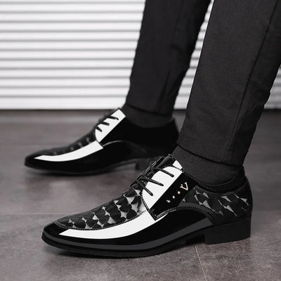 Men’s Dress Shoes – Shiny PU Leather – Pointed Toe – Patterned Panels – Formal Fit