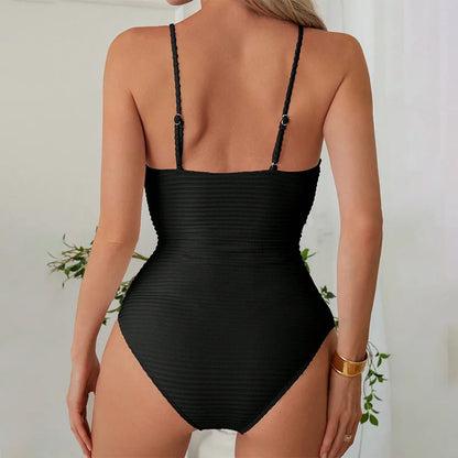 Women’s One-Piece Swimsuit – Slim Fit – Deep V-Neck – Ribbed Stretch – Cut-Out Detail