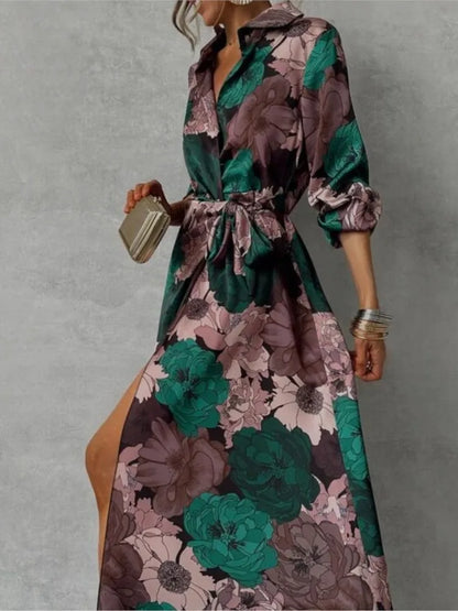 Women's Maxi Shirt Dress - Floral Print - Long Sleeve - Button-Down with Tie Waist