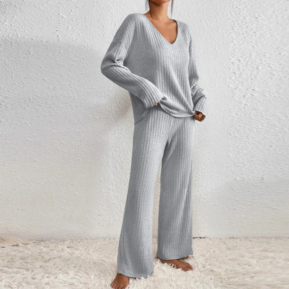 Women's Ribbed Knit Loungewear Set - V-Neck Sweater & Wide-Leg Trousers - Soft Stretch Fabric