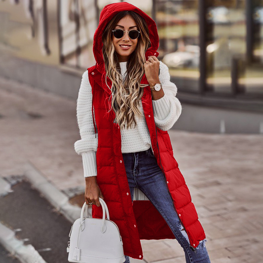 Women’s Long Bodywarmer – Oversized Fit – Quilted Padded – Hooded Pull-On Style