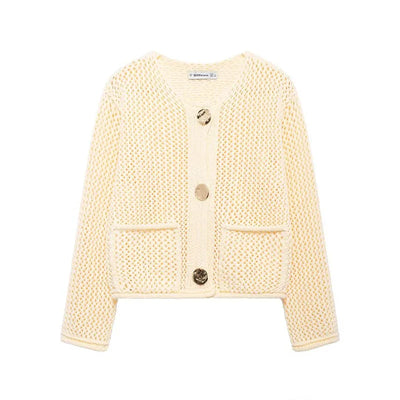 Mesh-knit cardigan with front pockets for women