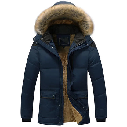 Men's winter jacket with hood, padded and warm.