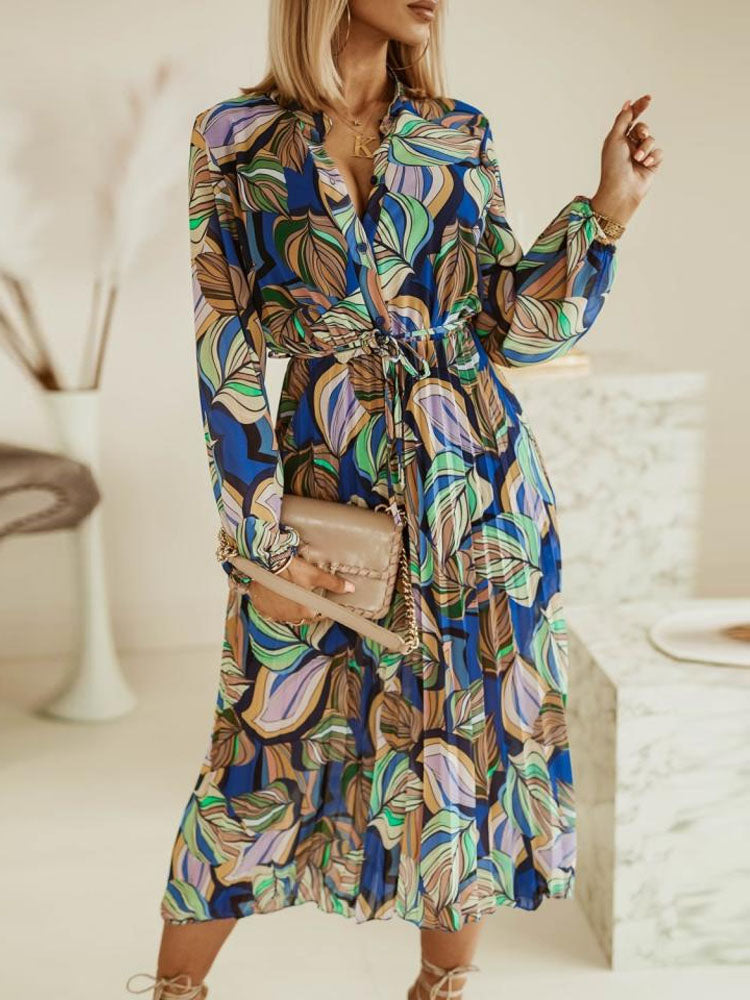 Women's Midi Dress - Relaxed Fit - Long Sleeve - Tie Waist - Abstract Leaf Print