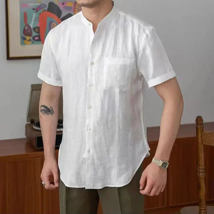 Men’s Linen Shirt – Relaxed Fit – Mandarin Collar – Long Sleeve Button-Up Casual Wear