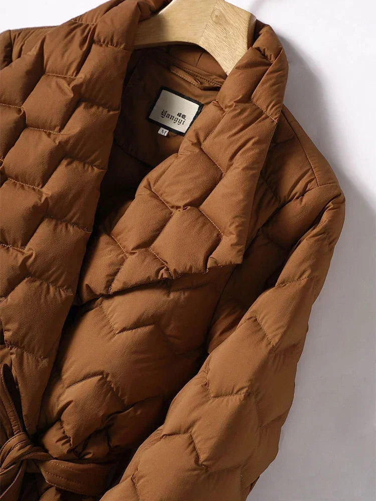 Women's elegant down jacket with belt