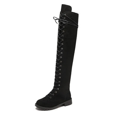 Women’s Over-the-Knee Boots – Suede Feel – Lace-Up Front – Side Zipper – Rugged Sole