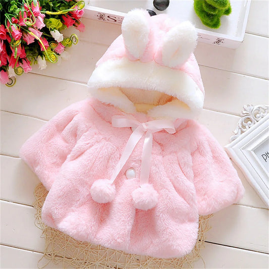 Baby girl wool hooded rabbit ears winter coat