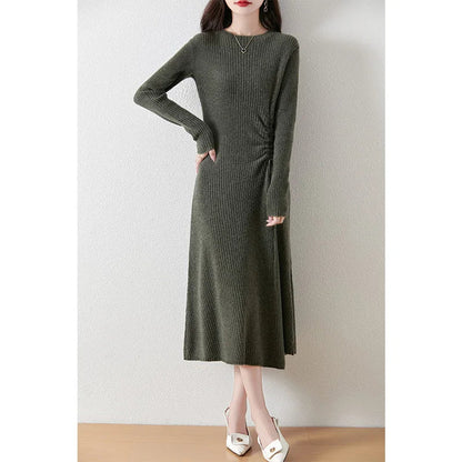 Women's Ribbed Knit Midi Dress - Long Sleeve - Gathered Side - Flared Hem