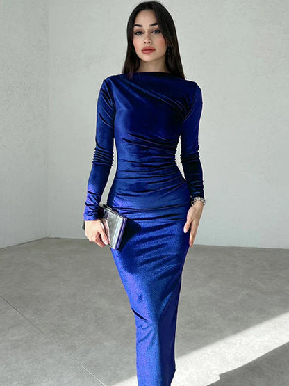 Women's Bodycon Dress - Long Sleeve Stretch Fit - Midi Length Ruched Elegant Wear