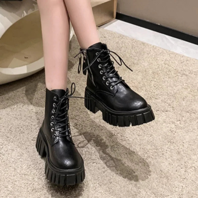 Women's Chunky Combat Boots - Lace-Up - Platform Sole - Side Zip - Edgy Street Style