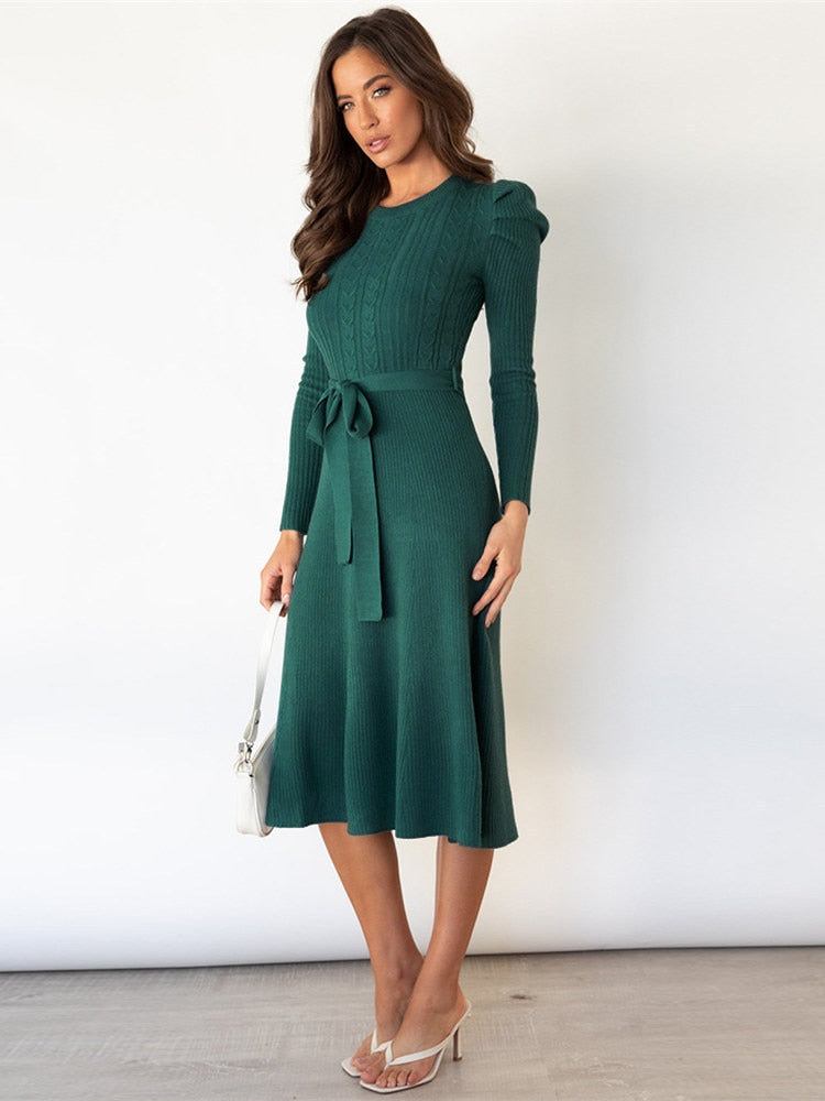 Women's Knit Midi Dress - Fit and Flare - Long Sleeve - Round Neck - Tie Waist Elegant Wear