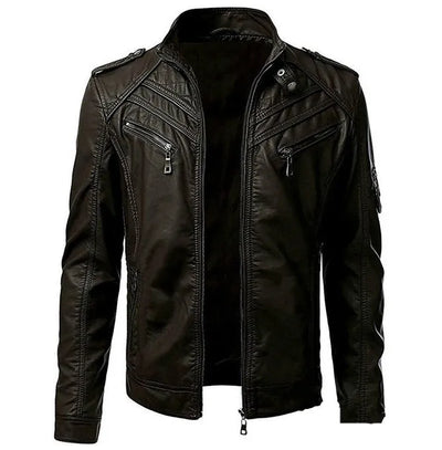 Men's leather jacket with stand collar and zipper pockets