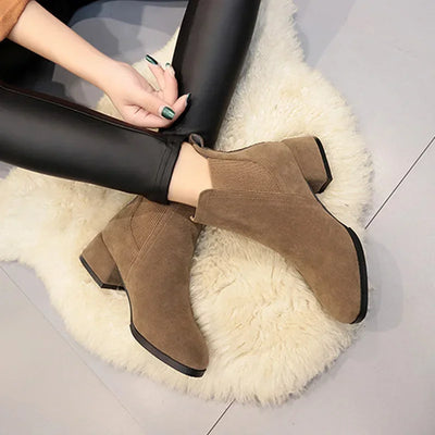 Women’s Ankle Boots – Suede-Like Finish – Square Heel – Slip-On Stretch Panel