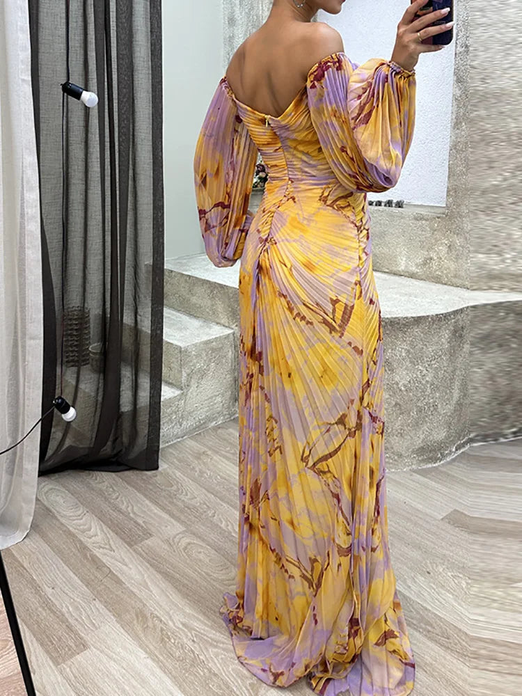 Women’s Evening Dress – Off Shoulder – Ruched Bodice – V-Neck – Full Length – Luxury Fabric