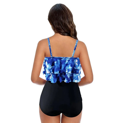 Women’s Bikini Set – Ruffled Top – Ruched High Rise Bottom – Modest Full Coverage
