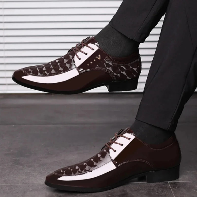 Men's Lace-Up Shoes – Glossy Synthetic – Embossed Detailing – Casual Outdoor Wear
