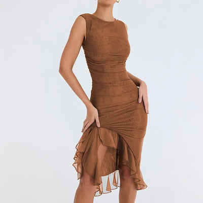 Women's Bodycon Midi Dress - Sleeveless High Neck - Asymmetrical Ruffle Hem