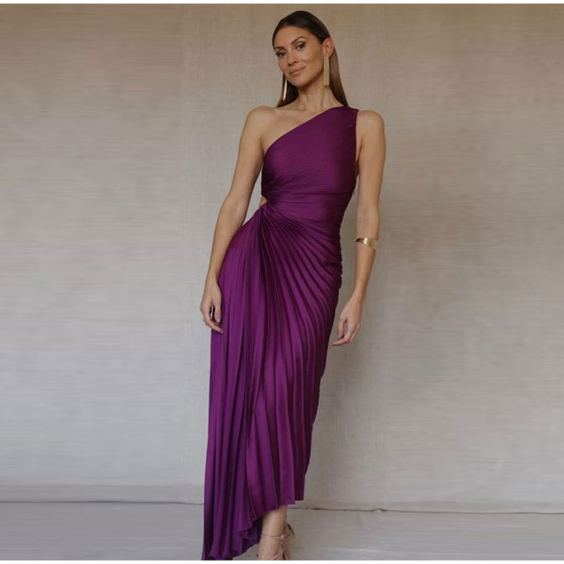 Women's Evening Gown - One-Shoulder - Pleated Texture - Floor-Length Elegant Fit