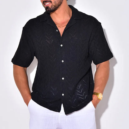Men’s Knit Shirt – Jacquard Texture – Relaxed Fit – Short Sleeve Casual Collar
